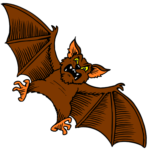 The image shows a cartoon bat with an angry expression flying through midair against a black background.