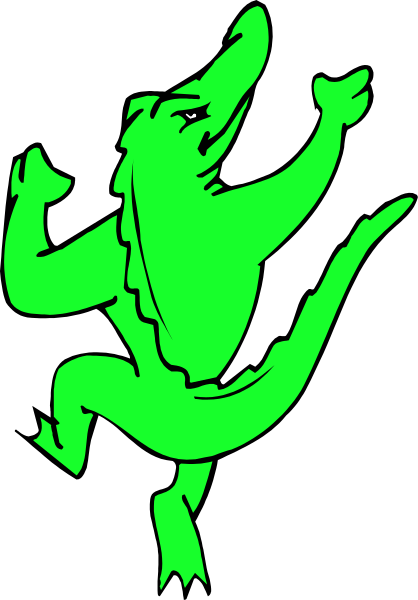The image shows a green alligator with its mouth open against an indistinct background.