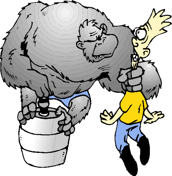The comic strip shows a gorilla holding up two beer kegs while another character looks on with surprise; it's set in what appears to be an underground bar scene.