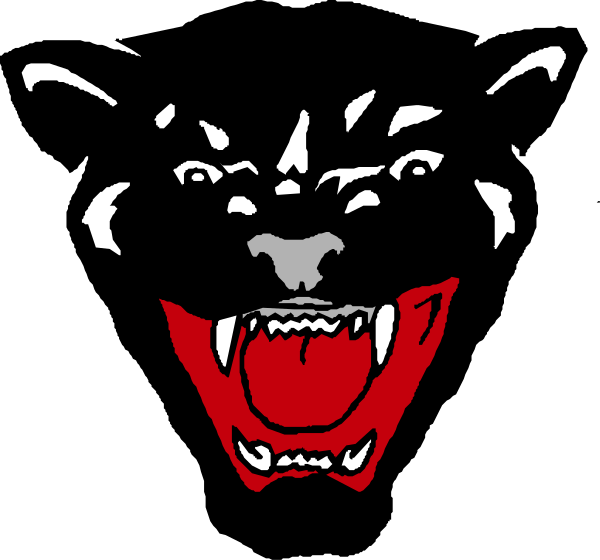 The image shows a black wolf's head with red eyes on it against a white background.