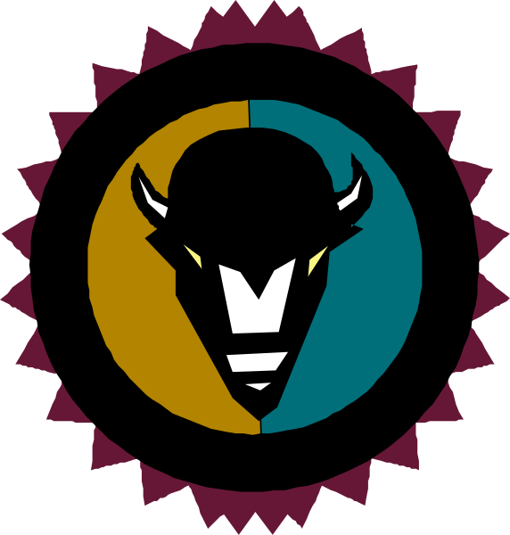 The image shows a stylized graphic of an animal head with antlers inside what appears to be a shield-like emblem featuring three distinct color bands: blue on top, yellow in the middle, and red at bottom; there is also a small sunburst design above each band.