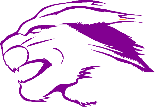 The image shows a purple lion's head with an open mouth against a black background on top of which there is text that reads "Purple Lion."