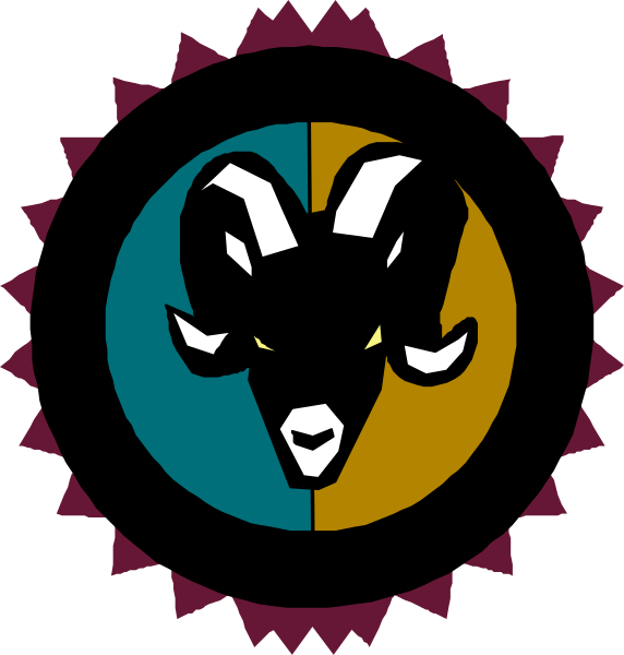The image shows a stylized graphic of an emblem with two intersecting circles containing symbols: on top is a ram's head facing left within one circle; below it in another overlapping circle, there appears to be a shield-like design featuring what looks like three rams or goats. Between the two circles are decorative elements resembling sunbeam patterns and possibly some sort of tribal motif with red lines radiating outward from each other towards the center where they meet in an X shape, creating a sense of symmetry around this central point. The background