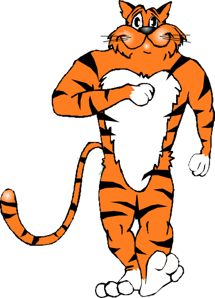 The image shows a cartoon of an orange tiger with white paws walking on two legs against a black background.
