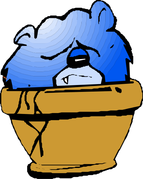 The image shows a cartoon of an anthropomorphic bear sitting inside what appears to be a broken pot with its head sticking out from behind it.