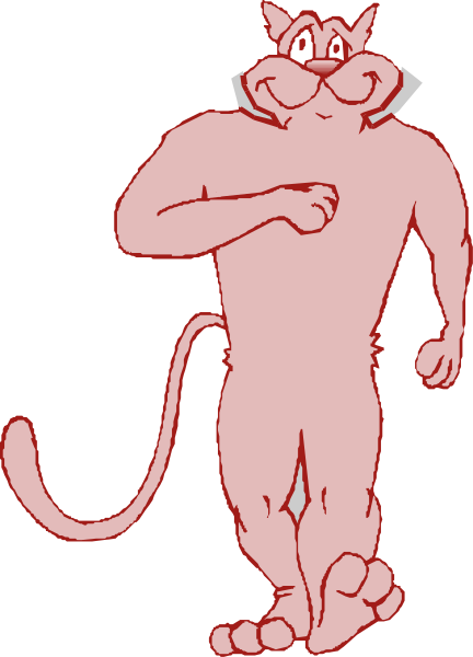 The image shows a cartoon cat character standing upright on its hind legs with front paws raised as if waving to someone off-camera.