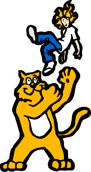 The black and white illustration features a cartoon cat character standing on its hind legs with an outstretched paw waving at another figure that appears to be in motion below it.