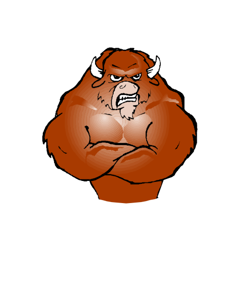 The image shows a cartoon of an angry red bull with horns standing upright on its hind legs against a black background.