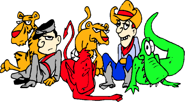 The black and white cartoon features a group of animated characters: two dogs with red noses standing upright on their hind legs; one dog lying down in front of them looking up at another character who is sitting next to it, smiling broadly while holding its paw out as if waving or greeting someone. To the right stands an anthropomorphic cat wearing a green hat and glasses, with red spots around her eyes that resemble devil horns; she has long whiskers extending from either side of her face. In front of this group is another character who appears to be humanoid