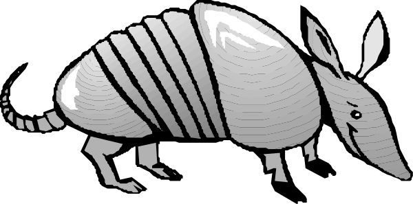 The black and white silhouette of a cartoonish armadillo with its shell open is shown walking on what appears to be land in this small clip-art image.
