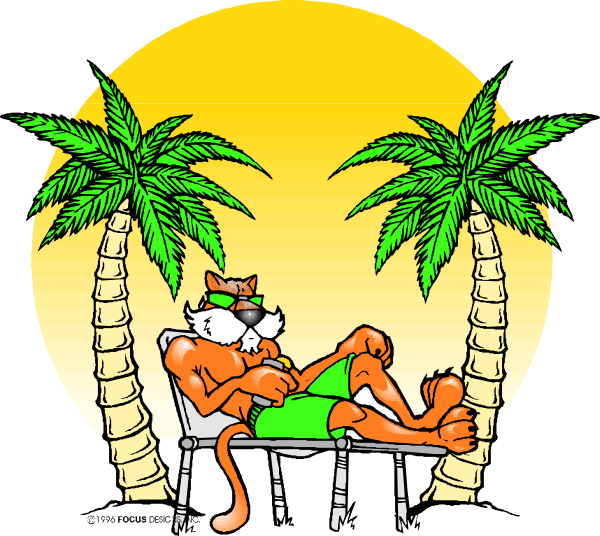 The cartoon depicts a cat sitting on top of an umbrella atop palm trees under a sunset sky with its paws resting on a bench in front of it while wearing sunglasses over eyes, and there is text that reads "CATS ARE LIKE PEOPLE."