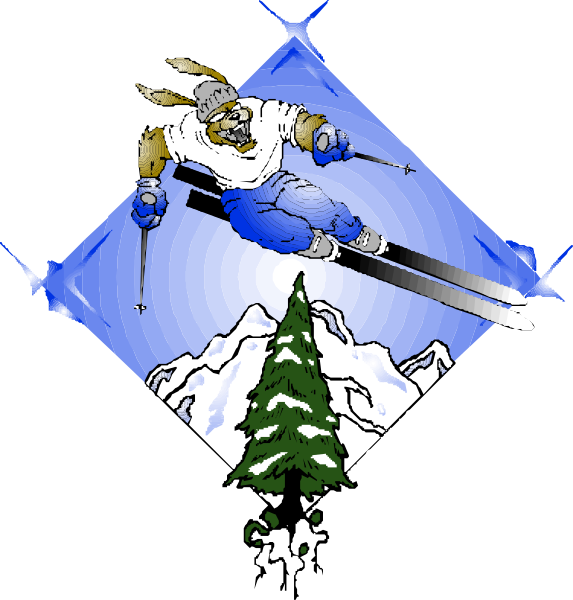 The image shows a cartoon of an animated skier with ski poles on top of snowy mountains under blue sky, set against black background; to right is another similar scene but without text.