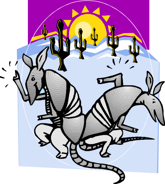 The illustration depicts a cartoon scene with two anthropomorphic rats riding on top of each other's backs in an outdoor desert environment at sunset; there is also a cactus to their left and mountains behind them, under a purple sky that transitions into orange near the horizon.