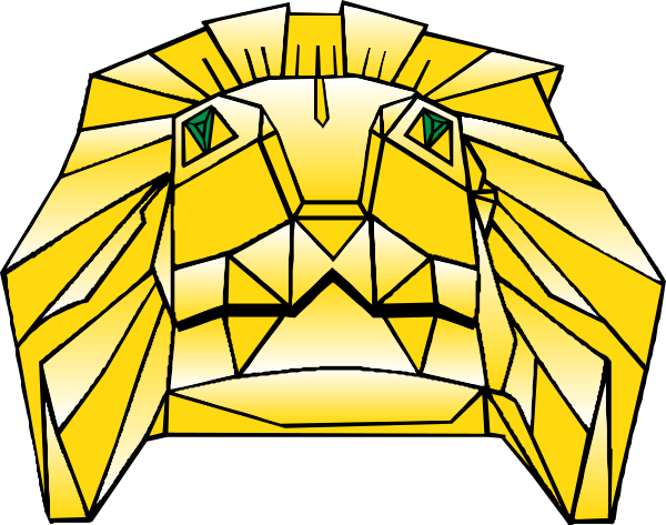 The image shows a stylized depiction of two lions' heads with an intricate design on their foreheads against a black background.