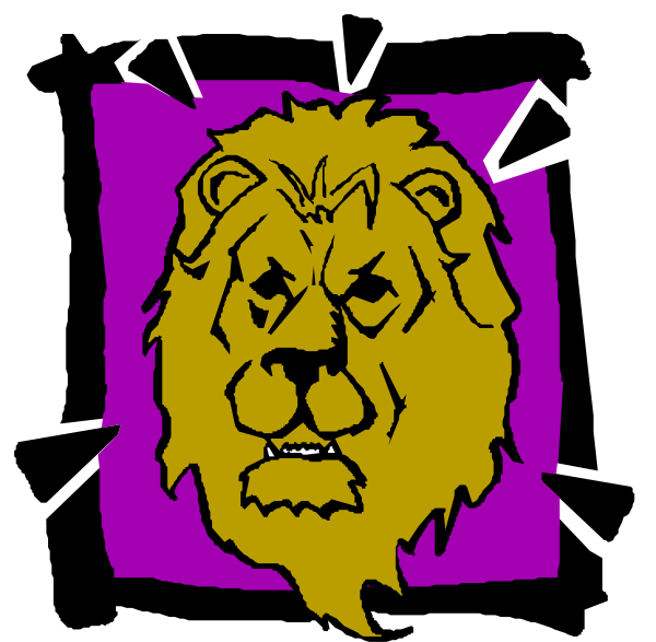 The image shows a cartoon lion's head with an angry expression on its face inside of what appears to be a purple square frame.