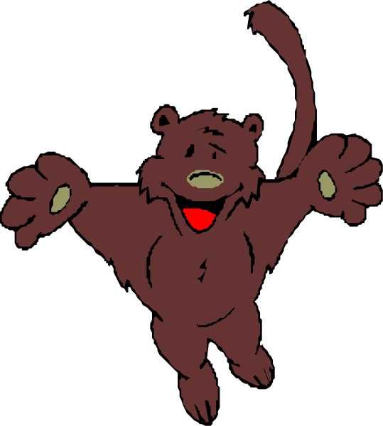 The image shows a cartoon bear character with its arms outstretched as if flying through midair against a black background.