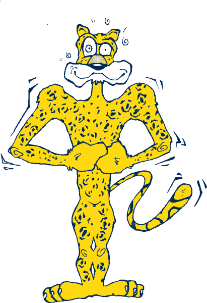 The image features a cartoon depiction of an anthropomorphic cheetah character with human arms crossed over its chest in front of it, standing upright on two legs against a black background; there is no text present within this clip-art image.