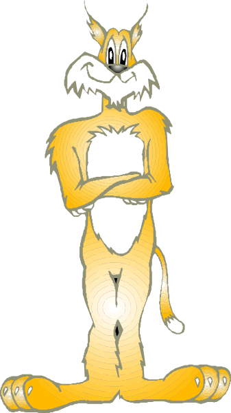 The cartoon depicts a character that resembles an anthropomorphic cat with humanoid features standing upright on two legs in front of what appears to be a black background; it is wearing shorts and has its arms crossed, giving off a confident demeanor.