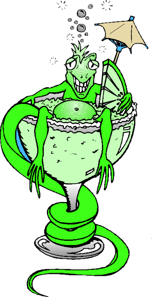 The illustration features a cartoon frog sitting inside an ice cream cone with two scoops of mint chocolate chip ice cream on top; it's holding a strawberry in one hand while its other arm is wrapped around another, larger green frog that appears to be floating or swimming above the first. Both are surrounded by bubbles and water droplets suggesting they might have just jumped out from underwater. The background has an umbrella with blue stripes on it, adding a playful touch to this whimsical scene.