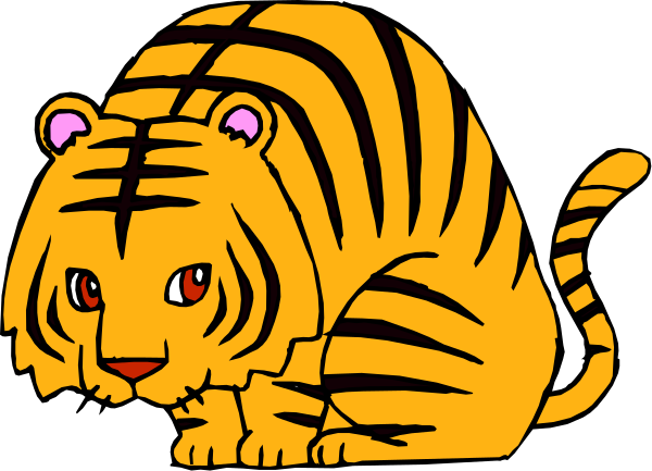 The image shows a cartoon tiger with red eyes sitting on its hind legs against an orange background.