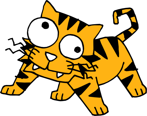 The image shows a cartoon cat with exaggerated features such as large eyes and ears standing upright on its hind legs against an orange background.