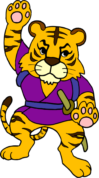 The image shows a cartoon tiger character with purple clothing standing upright on its hind legs against a black background.