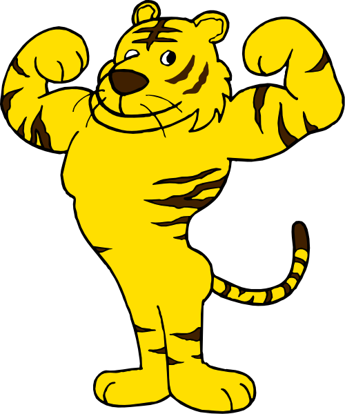 The image shows a cartoon tiger character flexing its muscles with an exaggerated pose against a black background.