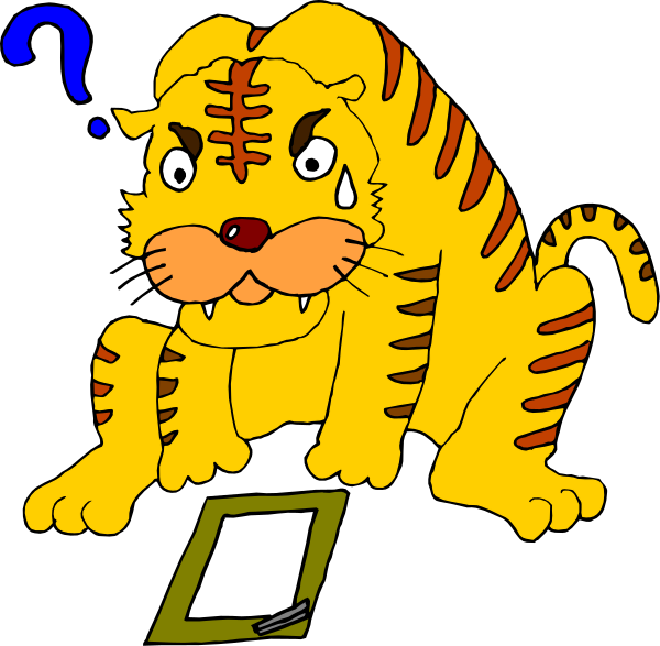 The cartoon shows a yellow tiger sitting on its hind legs with an open book before it, looking surprised at something off-screen to the right of frame; there's also a question mark above the cat and what appears to be a clipboard in front of it.