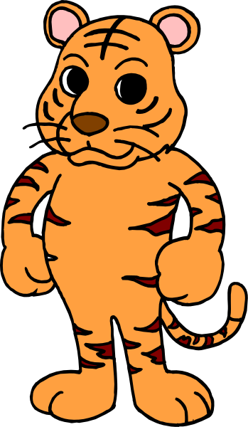 The image shows a cartoon of an anthropomorphic tiger character standing upright with its arms crossed over itself against a black background.