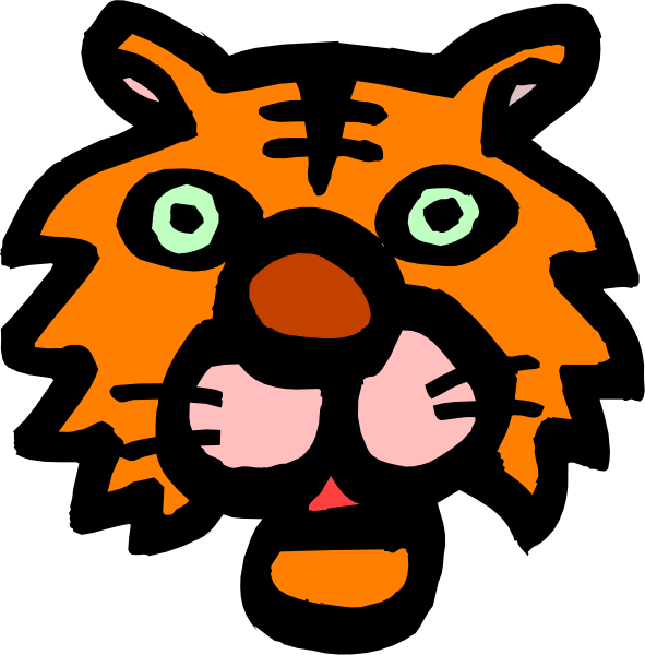The image shows a cartoon of an orange tiger with big eyes looking upwards towards another object that is partially visible on its right side; it appears to be part of a larger scene but only this portion is shown, and there's no text present in either frame.