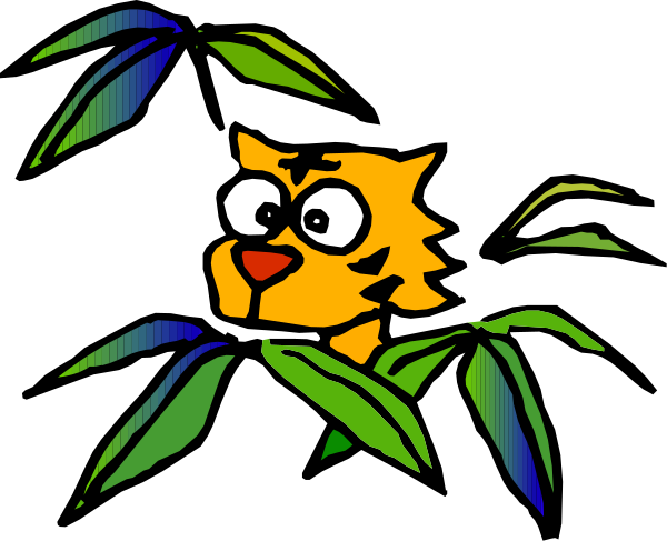The image shows a cartoon tiger peeking out from behind green leaves with its head visible above them.