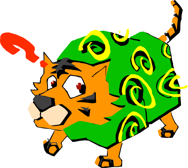 The image shows a cartoon cat with an exaggeratedly large head wearing what appears to be a green leafy garment on its back while standing upright in front of a red swirl pattern background.