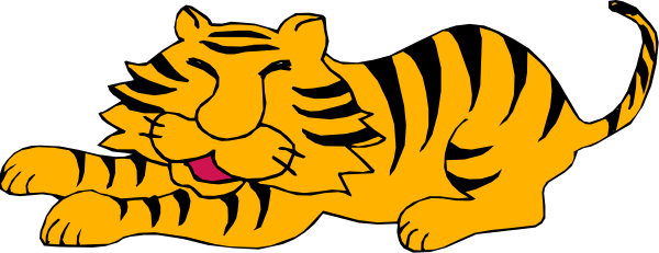 The image shows a cartoon tiger lying down with its head resting on paws, appearing relaxed against an unseen background.