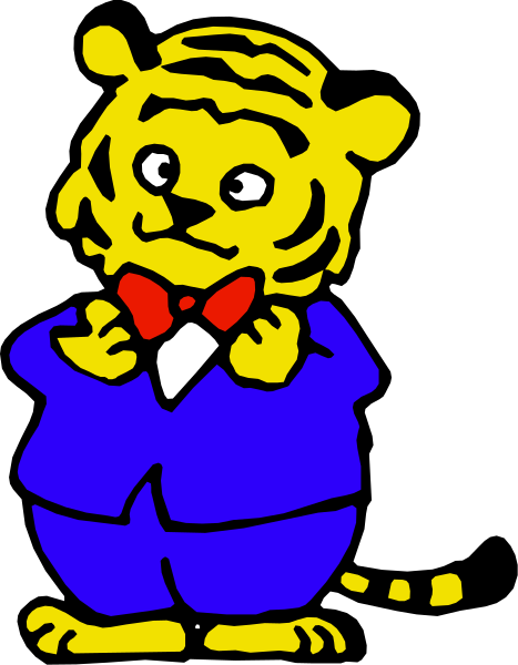 The image shows a cartoon tiger character wearing a blue suit with red lapels, standing upright on two legs like a human figure, holding its paws together in front of it as if clapping hands.