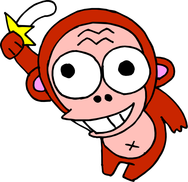 The image shows a cartoon monkey with an exaggerated facial expression standing on its hind legs against a black background; it has one hand raised as if waving while holding what appears to be a banana in another, and there's a small explosion effect near that hand.