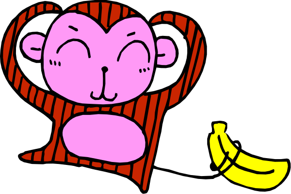 The image features two cartoon monkeys with hearts for eyes sitting on a red background; to their right is an illustration of a banana peel in yellow coloring against black backdrop.