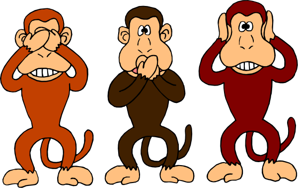 The image shows a group of four cartoon monkeys with exaggerated facial expressions; three have their hands over their mouths while one is holding its nose in an expression that suggests it's smelling something, all standing next to each other against a black background.