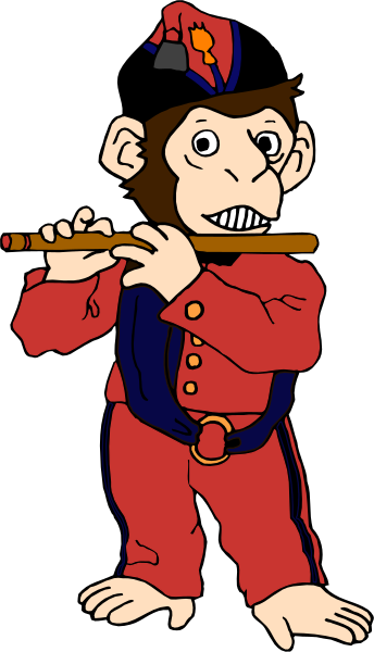 The cartoon depicts a monkey dressed as Napoleon Bonaparte playing an accordion while standing on top of what appears to be a cannonball with another smaller figure in red uniform beside it.