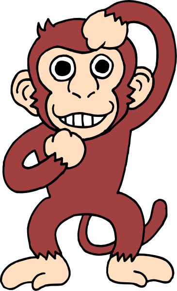 The cartoon shows a monkey with its hands on hips standing next to an animated character that appears to be made of candy pieces in various shades of red and brown.