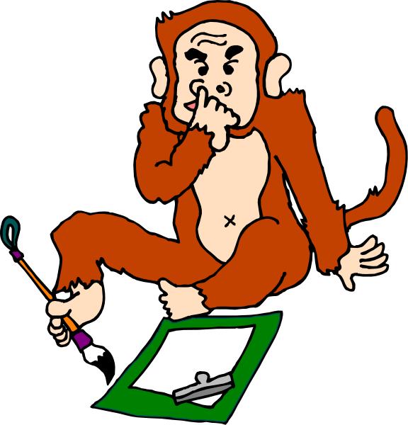 The image shows a cartoon of an anthropomorphic monkey sitting on top of a desk with its hand to its chin in thought while looking at some paperwork that includes pens and pencils; there is also another sheet of papers next to it, suggesting work or study being done by the character.