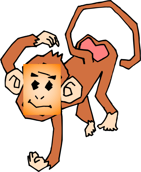 The image shows a cartoon monkey with an exaggeratedly large head sitting on its tail while looking at something off-camera to the left of the frame.