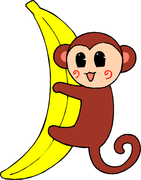 The cartoon depicts a monkey holding onto a banana with its tail wrapped around it while standing on top of another banana that is lying flat in front of them.