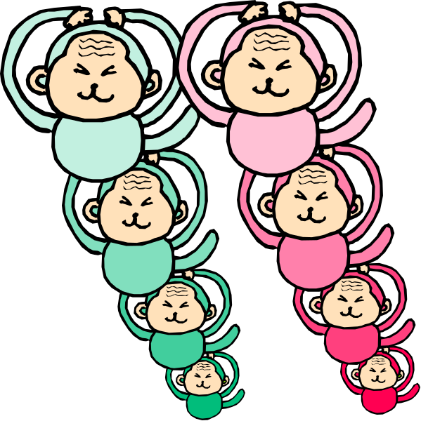 The image shows a sequence of six cartoon illustrations featuring an animated character that resembles a caterpillar with human-like features such as arms and legs in various poses against different backgrounds, each depicting one stage from left to right: 1) A baby monkey sitting on the ground; 2) The same monkey standing up; 3) Another view of this character now wearing a pink shirt with white stripes; 4) This time in red and blue clothing; 5) In green attire, looking at something off-camera to