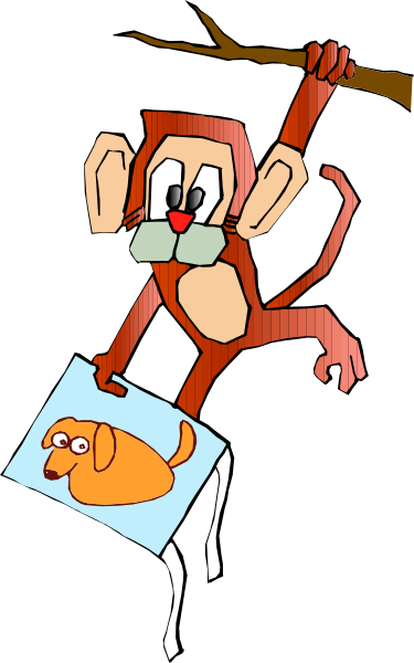 The cartoon shows a monkey holding an umbrella with its tail while standing on top of it; there's also another character that appears to be a dog sitting next to them in front of what looks like a tree, and both characters seem surprised or shocked by something off-frame.