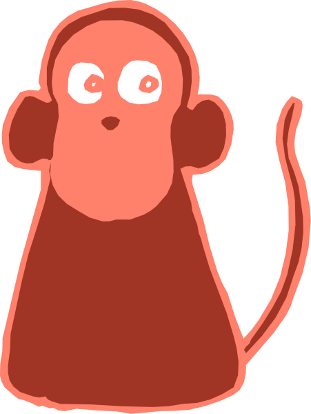 The image shows a red cartoon monkey with headphones on its ears standing next to an orange speech bubble that contains two exclamation marks inside it.