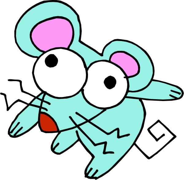 The image shows a cartoon mouse with large eyes looking surprised while sitting on its hind legs against a black background.