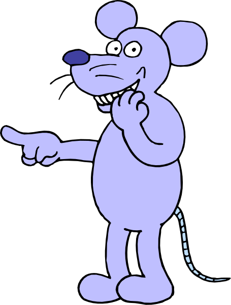 The cartoon shows a purple mouse with its hand on hip pointing to something offscreen while standing against black background.