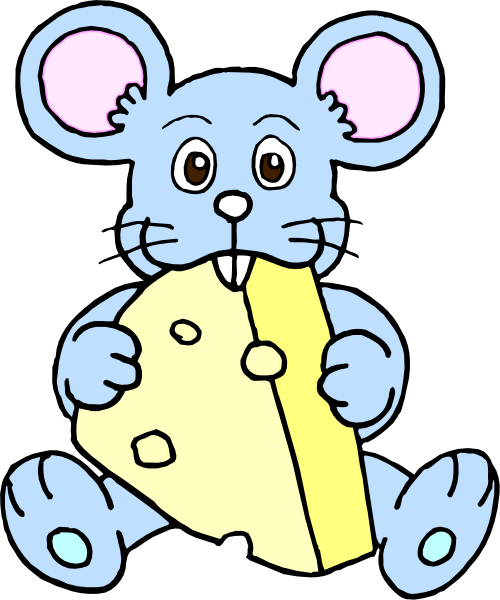The cartoon depicts a blue mouse holding two pieces of cheese with its paws while sitting on what appears to be an unseen surface in front of it.