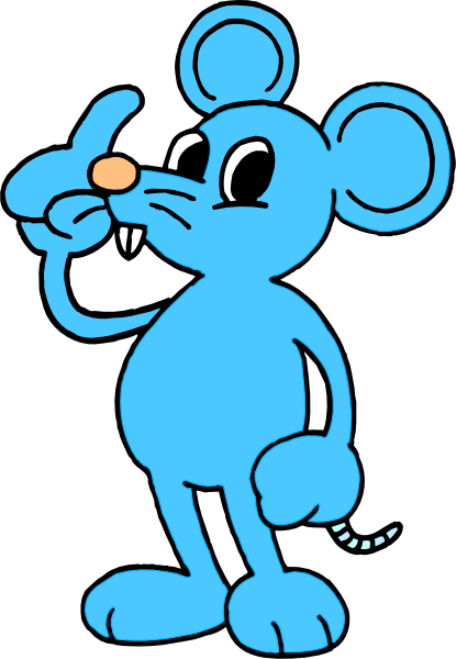 The image shows a cartoon mouse with large eyes standing upright on two legs against a black background.