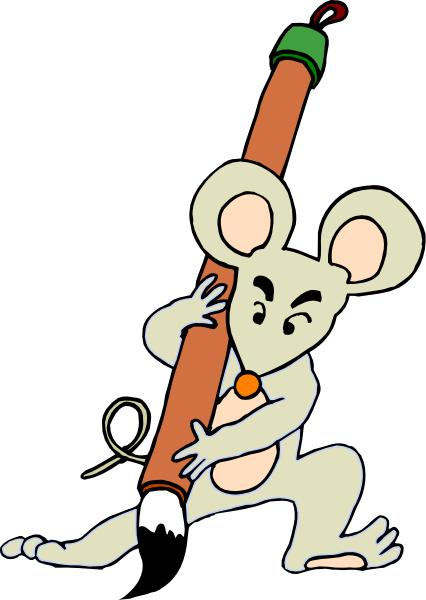The cartoon shows a cute mouse holding an oversized pencil with its arms outstretched as if it's writing on paper that is also in front of them.